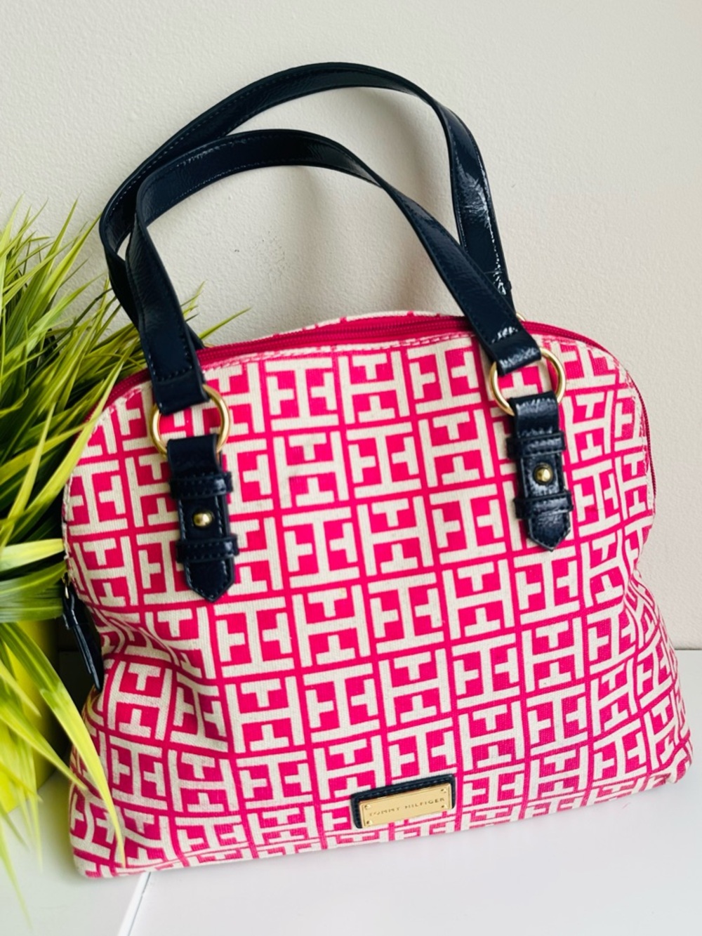 Tommy Hilfiger |  Hot Pink Canvas Patterned Satchel with Black Patent Handles - Picture 3 of 11